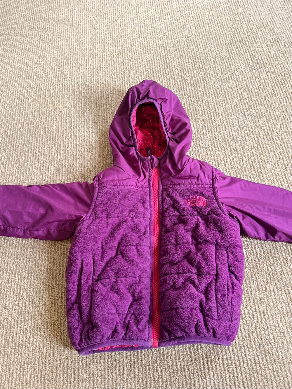 The North Face Toddler Girls' Hooded Purple Puffer Jacket, Reversible